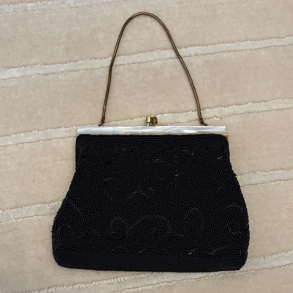 Vintage Elegant Black Beaded Handbag with working mother of pearl clasp